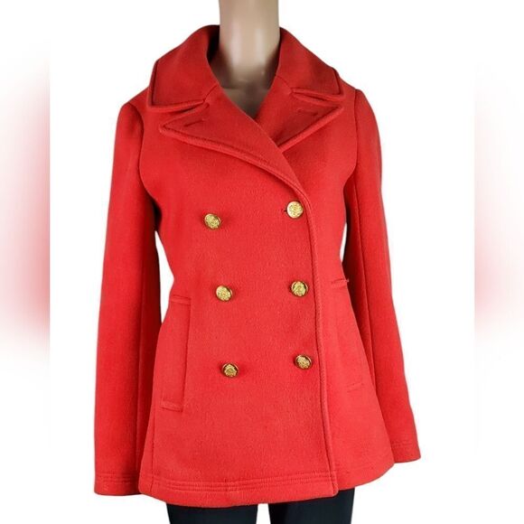J. Crew Poppy Red Wool Stadium Cloth Nello Gori Double Breasted Pea Coat - Picture 1 of 7